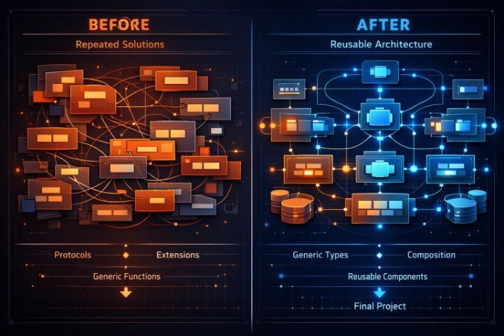 A digital infographic comparing 'Before' and 'After' states of a system or software architecture. The left side, labeled 'BEFORE' in orange, shows a chaotic network of connected orange and gray blocks with text like 'Repeated Solutions' and 'Protocols'.
