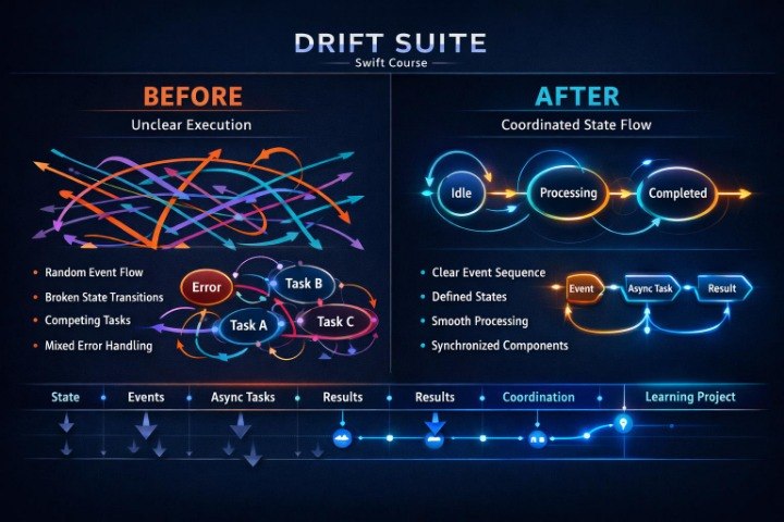 A digital infographic titled 'DRIFT SUITE Swift Course' comparing a 'Before' state of unclear, chaotic task execution with an 'After' state of clear, coordinated state flow, presented on a dark blue background.
