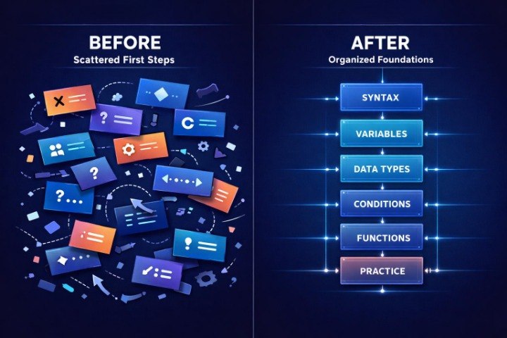 A digital infographic comparing 'Before' and 'After' learning approaches. The left side, labeled 'BEFORE Scattered First Steps', shows a chaotic cluster of colorful tech icons.