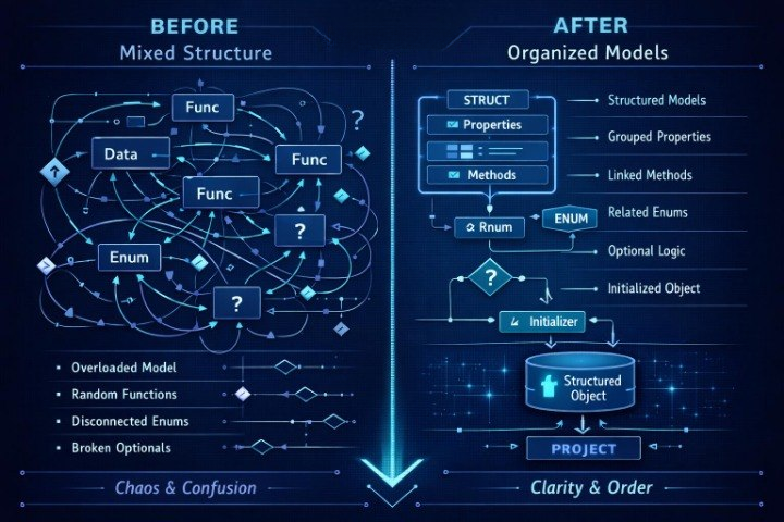 A dark blue digital infographic comparing a chaotic 'Before' mixed structure with an organized 'After' structured model, using diagrams, arrows, and glowing neon accents.