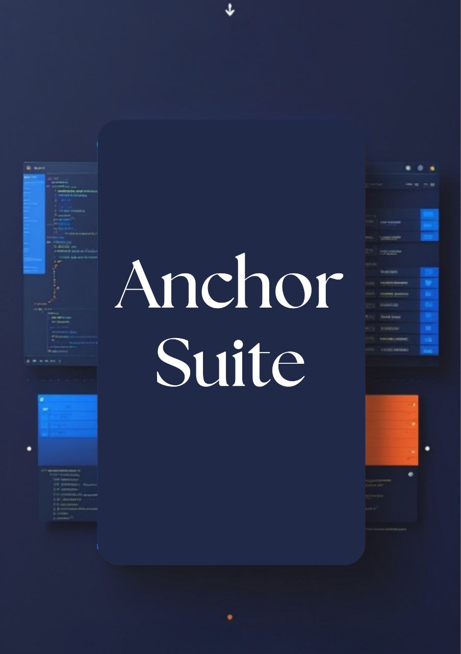 A digital promotional graphic for 'Anchor Suite' featuring a large central dark navy rounded rectangle with white serif text, surrounded by floating dark software interface panels with blue and orange accents on a dark navy background.