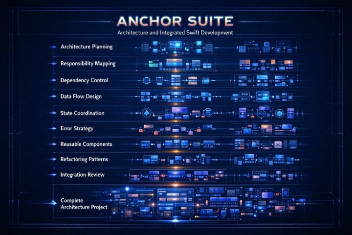 A dark blue digital infographic titled 'ANCHOR SUITE' with rows of blue and orange tech icons and labels related to architecture, planning, dependency control, data flow design, state coordination, error strategy, reusable components, refactoring patterns, integration review, and complete architecture project.