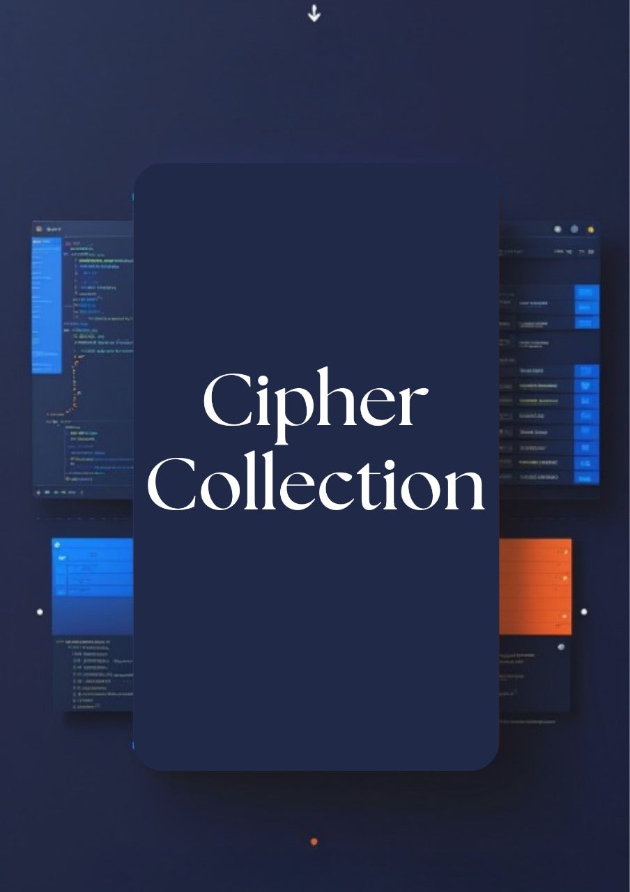 A digital promotional graphic for 'Cipher Collection' featuring a large dark navy blue rounded rectangle in the center with white serif text, surrounded by floating code-editor interface panels in dark blue and orange on a dark navy background.
