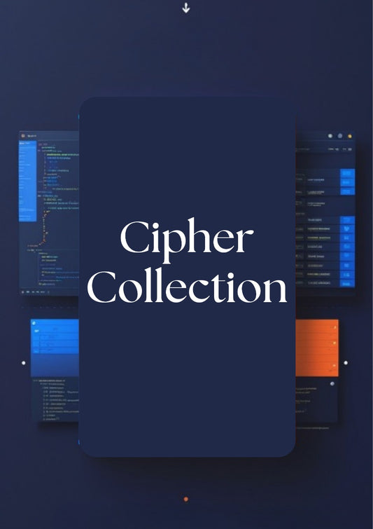 A digital promotional graphic for 'Cipher Collection' featuring a large dark navy blue rounded rectangle in the center with white serif text, surrounded by floating code-editor interface panels in dark blue and orange on a dark navy background.