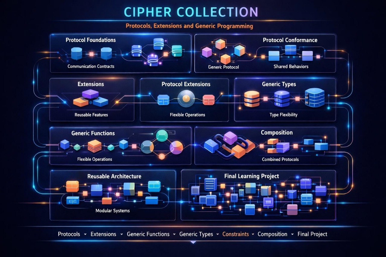 A digital infographic titled 'CIPHER COLLECTION' on a dark navy background, showing a flowchart of programming concepts such as Protocol Foundations, Extensions, Generic Functions, Composition, Reusable Architecture, and Final Learning Project with colorful icons and glowing lines.