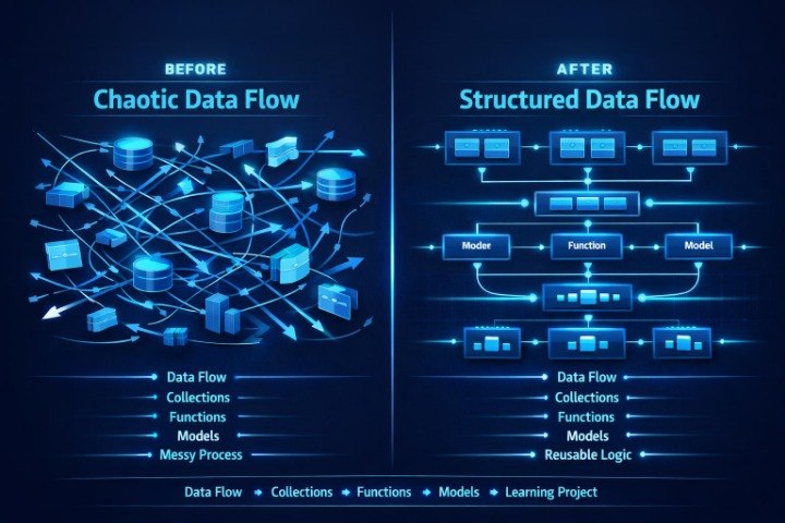 A digital infographic comparing a chaotic data flow on the left with a structured data flow on the right, presented in glowing blue and white graphics against a dark navy background.