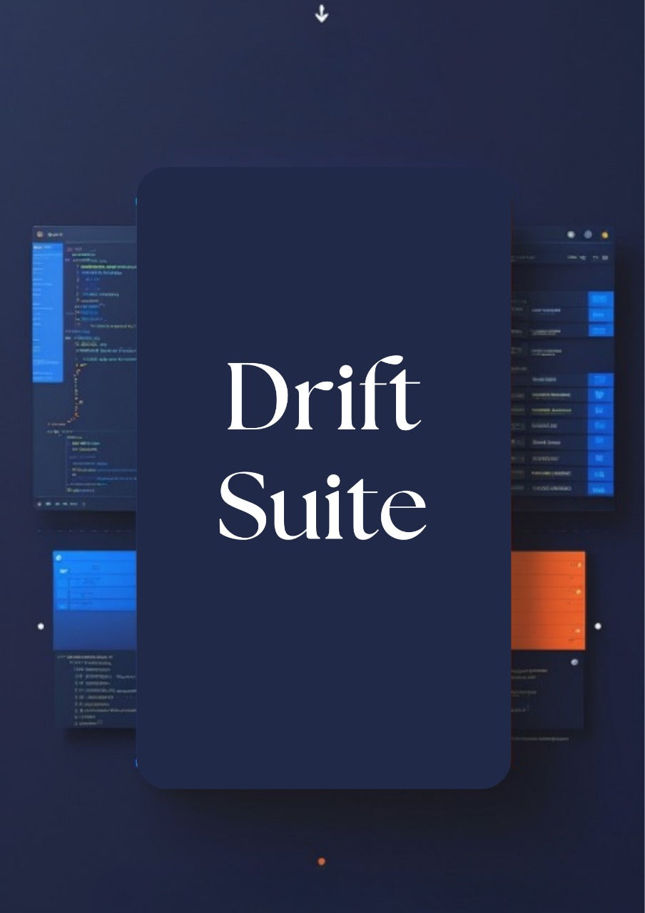 A digital promotional graphic for 'Drift Suite' featuring a large central dark navy card with white serif text, surrounded by floating software interface panels in dark blue and orange on a dark navy background.