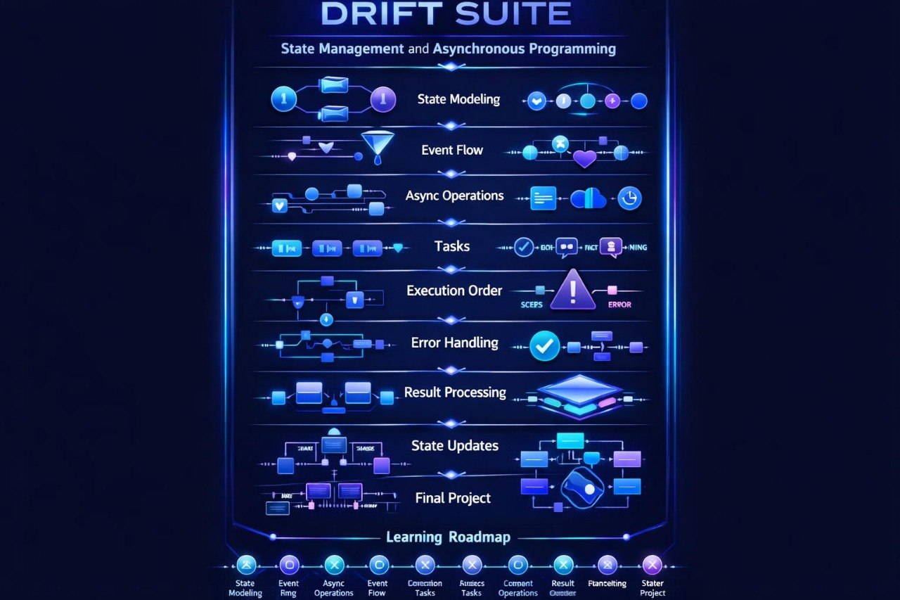 A vertical infographic titled 'DRIFT SUITE' on a dark blue background, showing flowcharts and icons for topics like state management, event flow, async operations, tasks, execution order, error handling, result processing, state updates, learning roadmap, and final project.