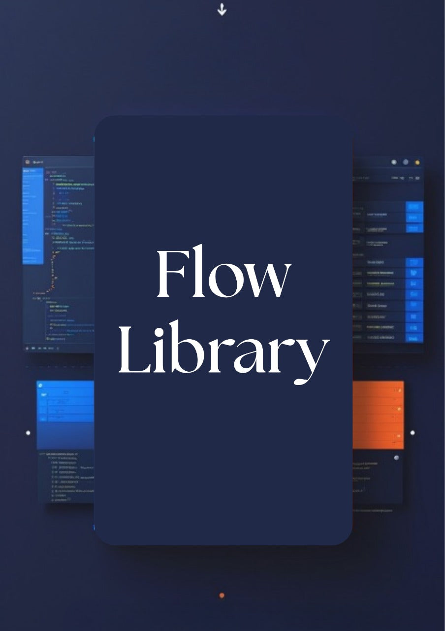 A digital cover or title card reading 'Flow Library' in white serif text on a dark navy rounded rectangle, centered over a stylized code-editor background with blue and orange panels.