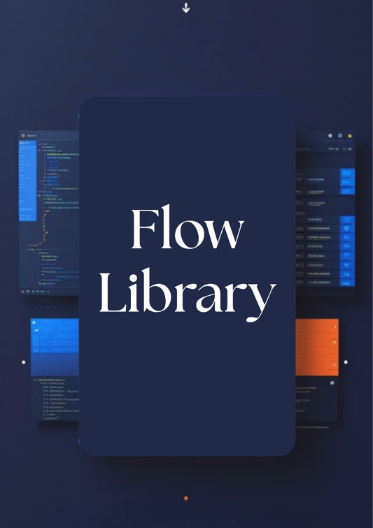 A digital cover or title card reading 'Flow Library' in white serif text on a dark navy rounded rectangle, centered over a stylized code-editor background with blue and orange panels.