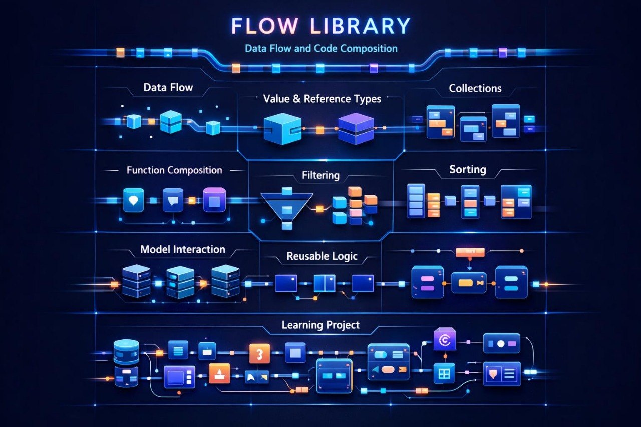 A dark blue digital infographic titled 'FLOW LIBRARY' with glowing neon blue and purple interface elements, icons, and labeled sections such as Data Flow, Value & Reference Types, Collections, Function Composition, Filtering, Sorting, Model Interaction, Reusable Logic, and Learning Project.