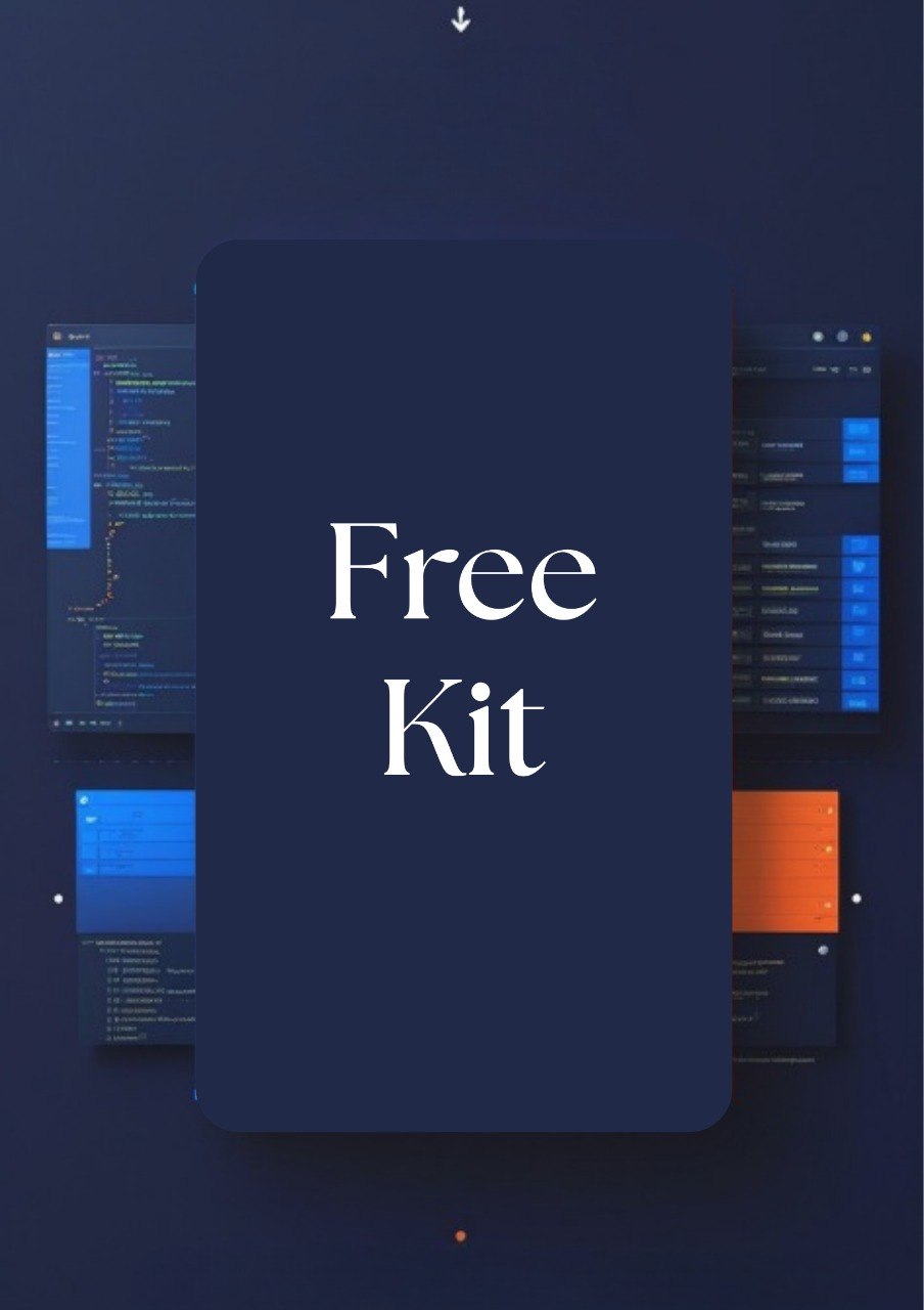 A digital promotional graphic with a large dark navy rounded rectangle in the center containing the words 'Free Kit' in white serif text. Smaller interface panels in dark blue, black, and orange appear behind it on a dark navy background.