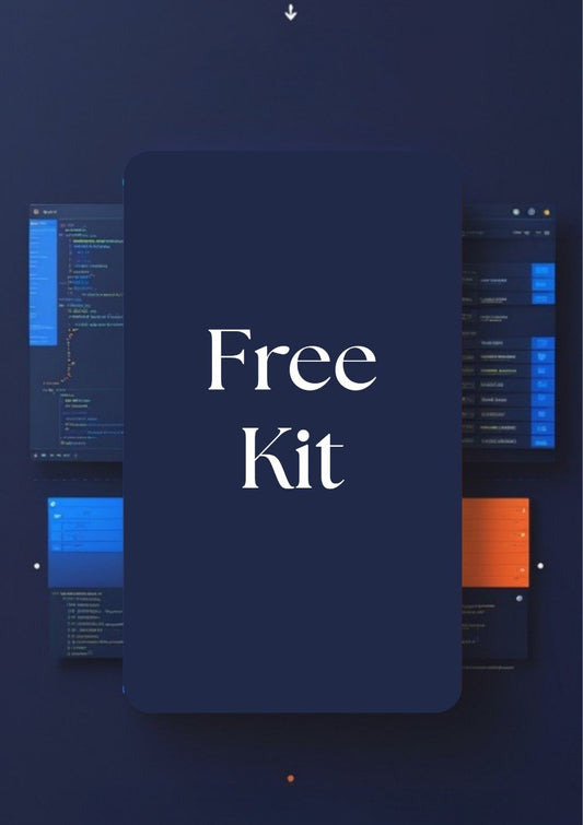 A digital promotional graphic with a large dark navy rounded rectangle in the center containing the words 'Free Kit' in white serif text. Smaller interface panels in dark blue, black, and orange appear behind it on a dark navy background.