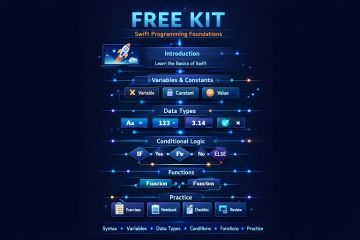 A digital cover for a Swift programming 'FREE KIT' featuring a glowing, futuristic vertical layout on a dark navy background. The design outlines key Swift topics like 'Variables & Constants', 'Data Types', 'Conditional Logic', 'Functions', and 'Practice' with small colorful icons and text.