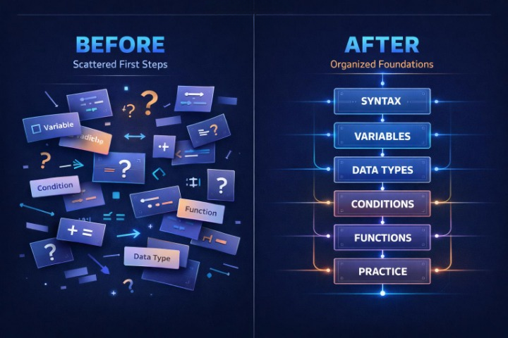 A dark blue digital infographic comparing a 'Before' state of scattered first steps with an 'After' state of organized foundations, featuring a vertical stack of blue and purple blocks labeled Syntax, Variables, Data Types, Conditions, Functions, and Practice.
