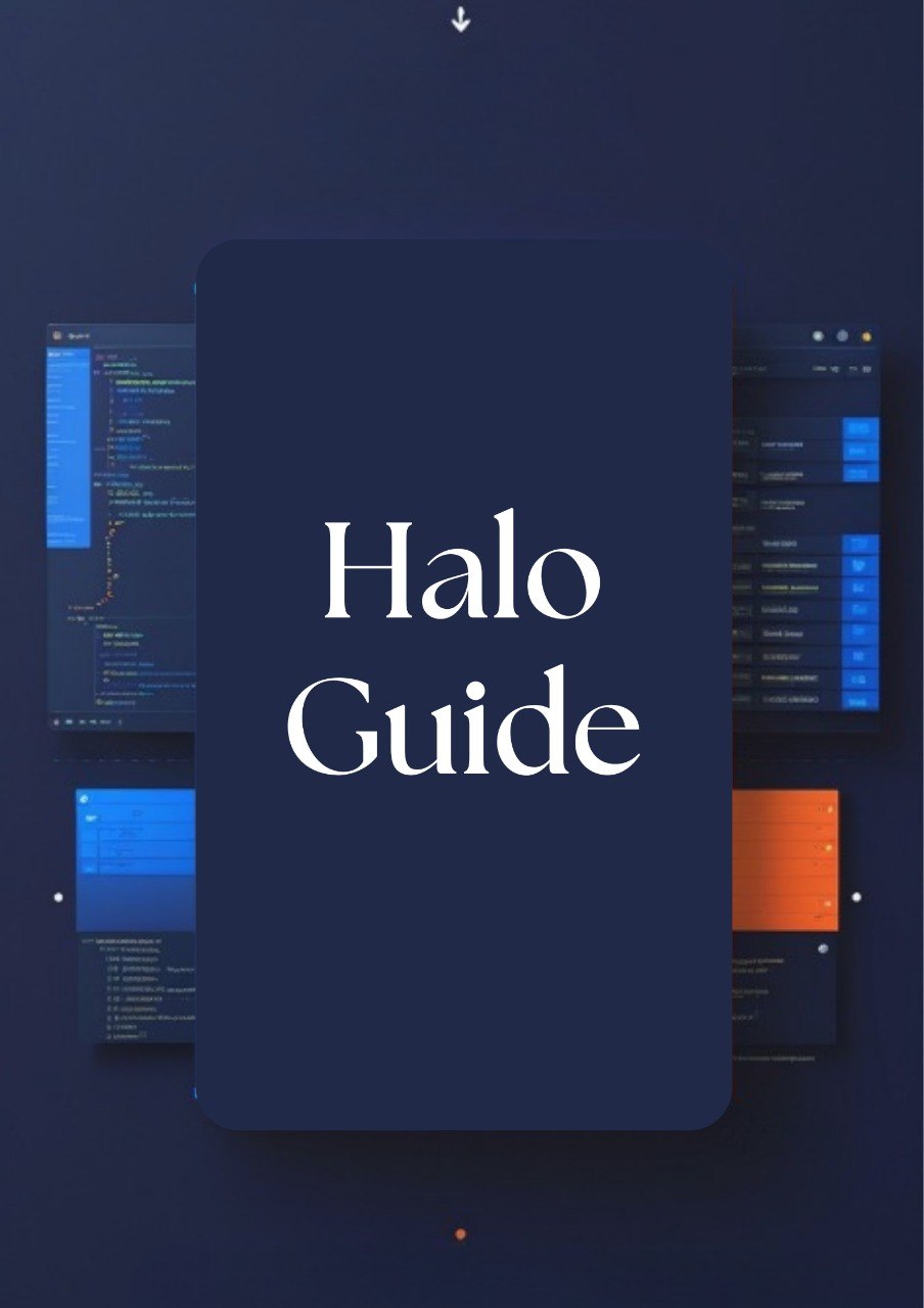 A digital cover or promotional graphic for a 'Halo Guide' featuring a large dark navy blue central card with white serif text, surrounded by layered translucent panels showing blue and orange interface screenshots on a dark navy background.