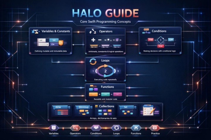 A digital infographic titled 'HALO GUIDE' presenting core Swift programming concepts such as Variables & Constants, Operators, Conditions, Loops, Functions, Collections, and Practice, arranged in a futuristic dark blue circuit board layout with glowing orange and blue lines.