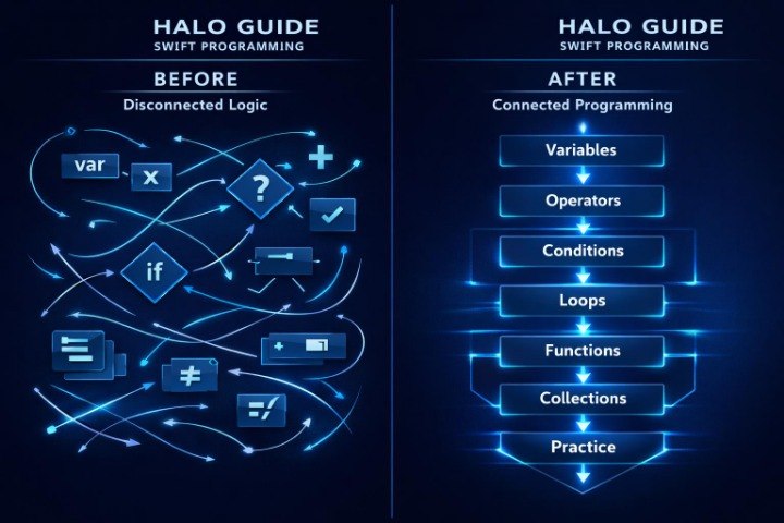 A dark blue digital graphic titled 'HALO GUIDE SWIFT PROGRAMMING' comparing a disorganized 'Before' flowchart on the left with a structured 'After' flowchart on the right, using glowing blue icons and boxes.
