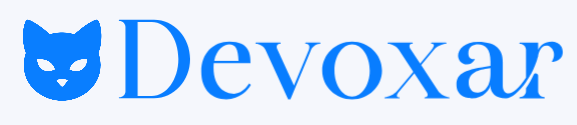 Blue Devoxar logo with a stylized cat head icon on a light gray background.