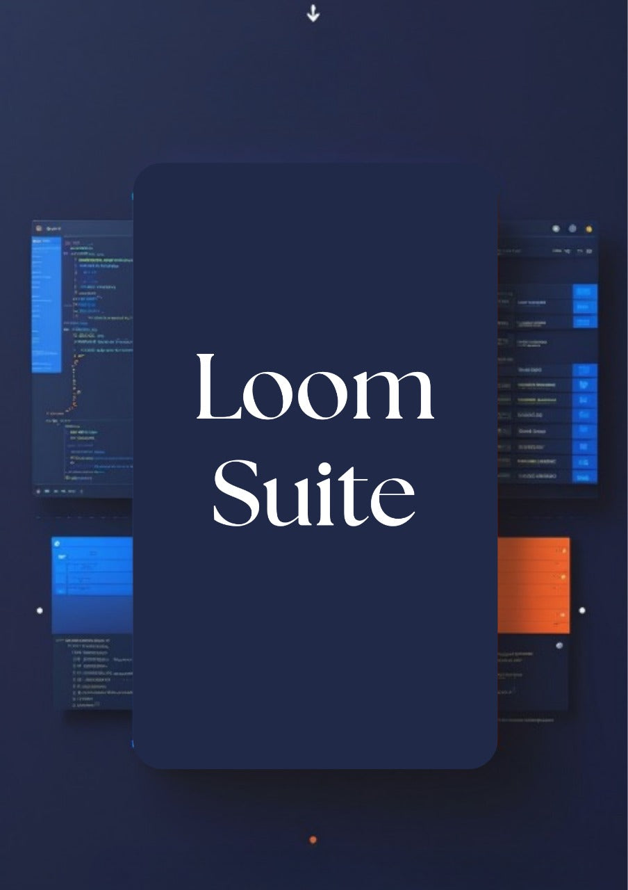 A digital promotional graphic for 'Loom Suite' featuring a large central dark navy rounded rectangle with white serif text, surrounded by floating software interface panels in dark blue and orange on a dark navy background.