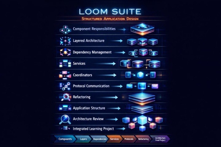 A dark digital infographic titled 'LOOM SUITE' with glowing blue and orange text, listing software architecture concepts such as component responsibilities, layered architecture, dependency management, services, coordinators, protocol communication, refactoring, application structure, architecture review, and integrated learning project, alongside small 3D-style icons.