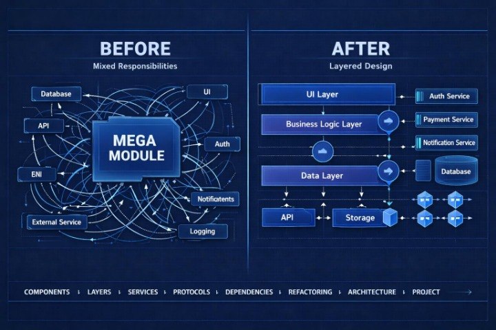 A dark blue technology infographic comparing a 'Before' mixed responsibilities architecture with an 'After' layered design. The left side shows a central glowing blue 'MEGA MODULE' surrounded by various connected service and database components.