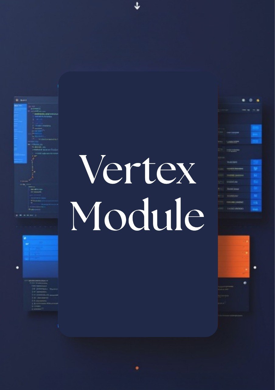 A digital graphic featuring a dark navy blue central rounded rectangle with the words 'Vertex Module' in large white serif text, surrounded by blurred code-editor interface panels in blue and orange on a dark navy background.