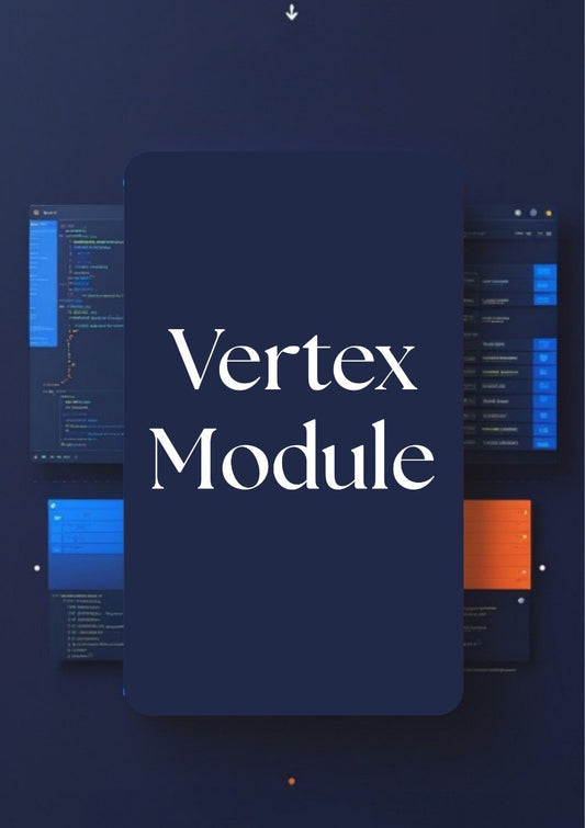 A digital graphic featuring a dark navy blue central rounded rectangle with the words 'Vertex Module' in large white serif text, surrounded by blurred code-editor interface panels in blue and orange on a dark navy background.